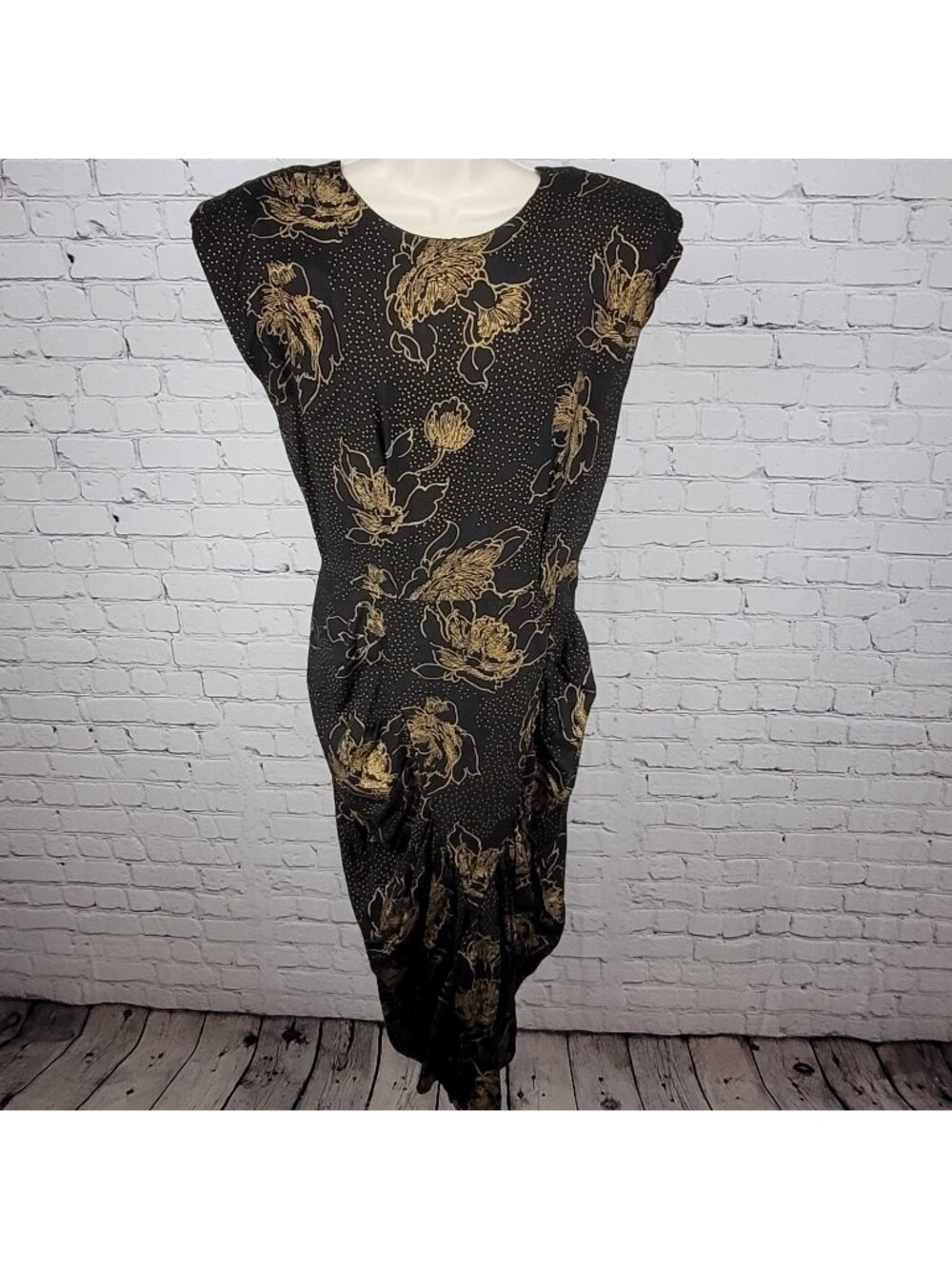 VTG Milanzo Black & Gold Floral Shoulder Pad Pegged Midi Dress USA Made Size 11